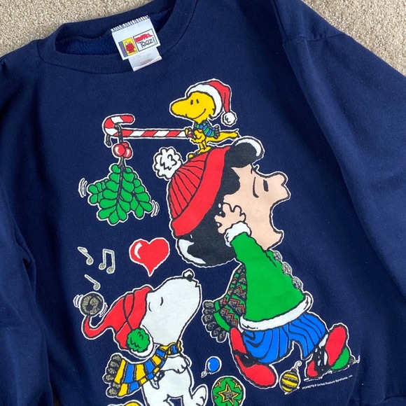 Vintage Peanuts Christmas Sweatshirt Mens Medium Cartoon Character Snoopy - Picture 1 of 8